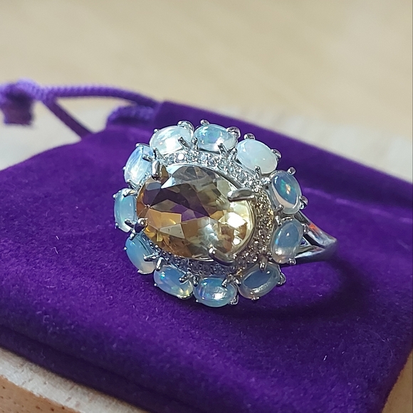 Natural Citrine 14x10mm, Fire Opal & Cz 925 Sterling Silver Ring 8.75 - Picture 8 of 8